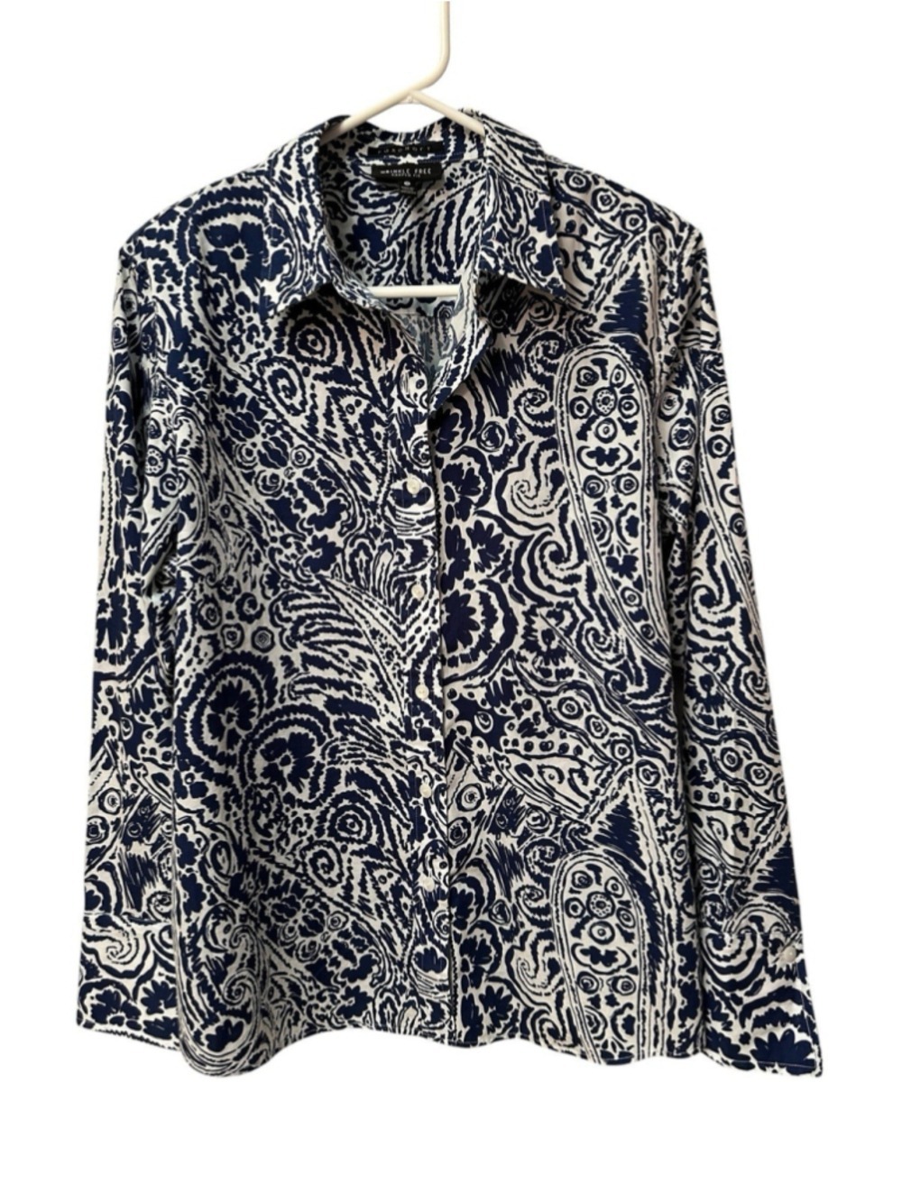 Foxcroft Chic Button-down Blouse Womens 14 Blue White Eclectic Floral Art Summer - Picture 17 of 17